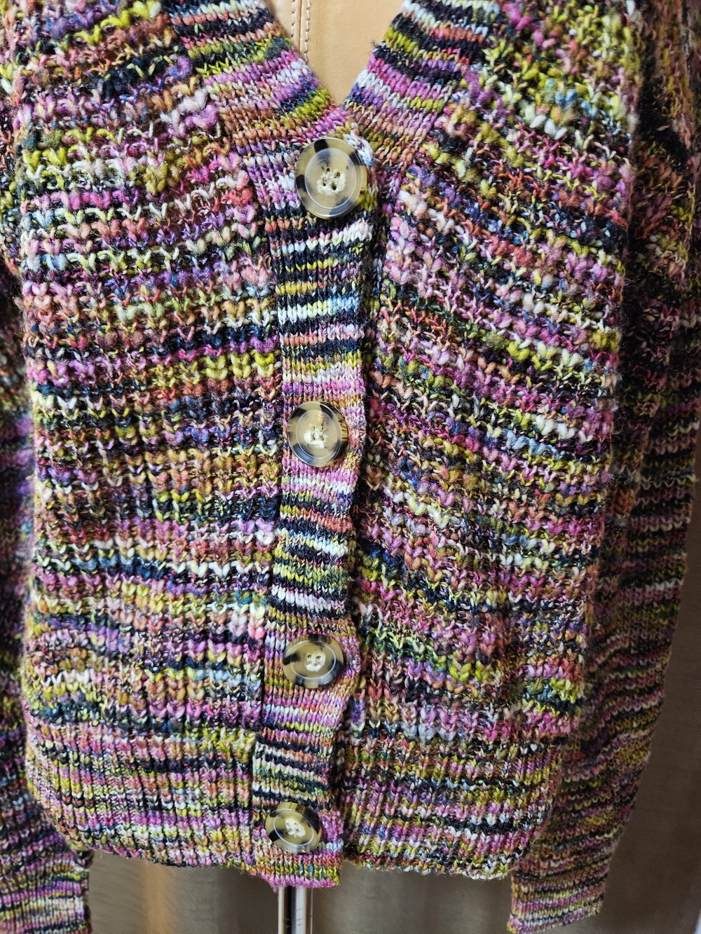 Veronica Beard Multicolor V-Neck Button Cardigan — Purple, Green, Pink, Black - Picture 3 of 5